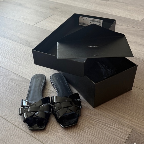 Saint Laurent Shoes - YSL Saint Laurent Black Patent Braided Slide Sandals